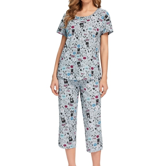 Defitshape Women's Cute Capri Soft Pajama Set Cotton Loungewear Short Sleeve Pjs Comfy Pants Lounge Two Piece Patterned Print Sleepwear Patterned 2 Large