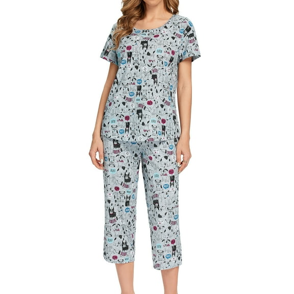 Defitshape Women's Cute Capri Soft Pajama Set Cotton Loungewear Short Sleeve Pjs Comfy Pants Lounge Two Piece Patterned Print Sleepwear Patterned 2 Small