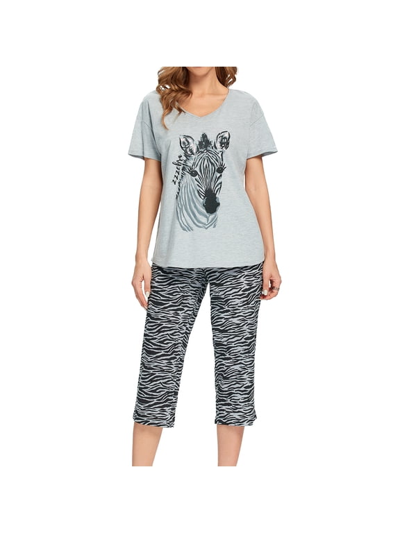 Women's Cute Capri Soft Pajama Set Cotton Loungewear Short Sleeve Pjs Comfy Pants Lounge Two Piece Patterned Print Sleepwear Stripe Large