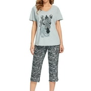 Defitshape Women's Cute Capri Soft Pajama Set Cotton Loungewear Short Sleeve Pjs Comfy Pants Lounge Two Piece Patterned Print Sleepwear Stripe Small
