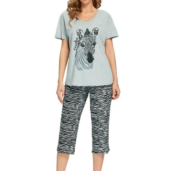 Defitshape Women's Cute Capri Soft Pajama Set Cotton Loungewear Short Sleeve Pjs Comfy Pants Lounge Two Piece Patterned Print Sleepwear Stripe Small