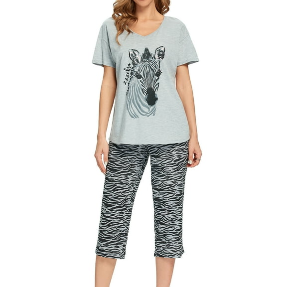 Defitshape Women's Cute Capri Soft Pajama Set Cotton Loungewear Short Sleeve Pjs Comfy Pants Lounge Two Piece Patterned Print Sleepwear Stripe Small