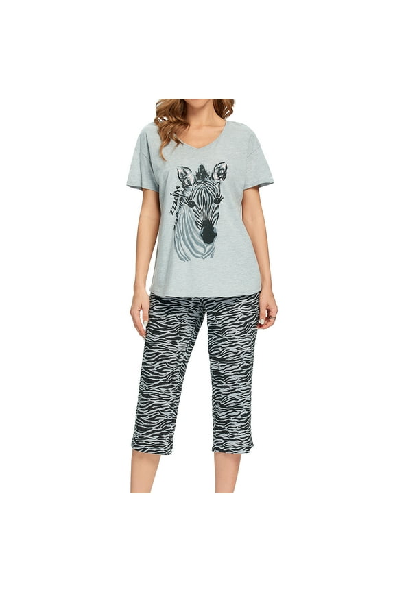 Women's Cute Capri Soft Pajama Set Cotton Loungewear Short Sleeve Pjs Comfy Pants Lounge Two Piece Patterned Print Sleepwear Stripe Small
