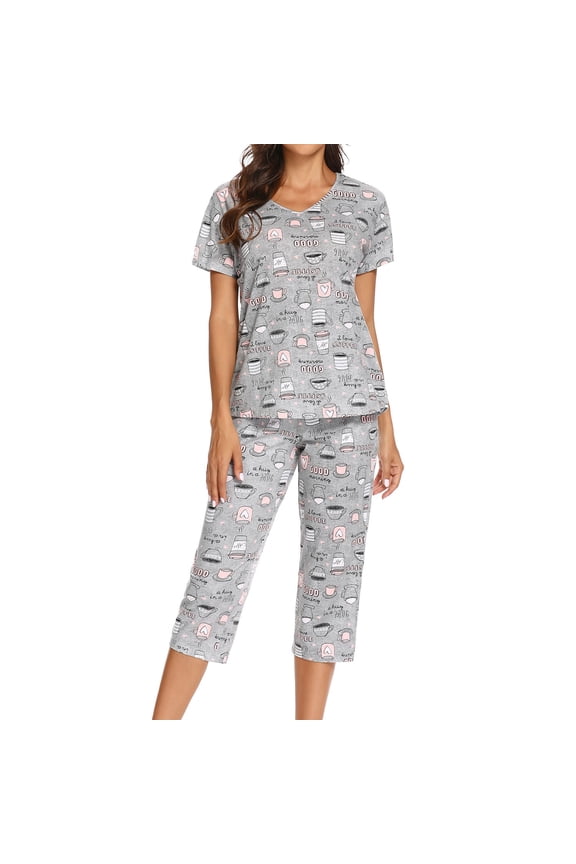 Women's Cute Cotton Pajama Set Capri Loungewear Soft Short Sleeve Pjs Pants Lounge Comfy Two Piece Patterned Print Sleepwear Light Grey Medium