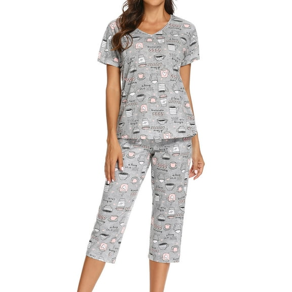 Defitshape Women's Cute Cotton Pajama Set Capri Loungewear Soft Short Sleeve Pjs Pants Lounge Comfy Two Piece Patterned Print Sleepwear Light Grey X-Large