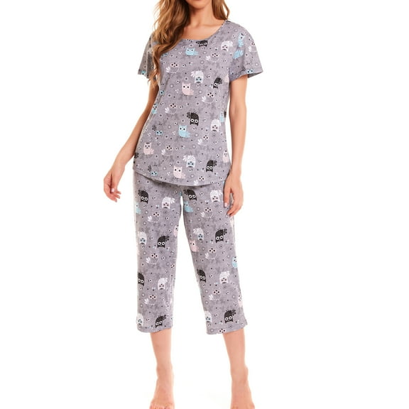 Defitshape Women's Cute Cotton Pajama Set Capri Loungewear Soft Short Sleeve Pjs Pants Lounge Comfy Two Piece Patterned Print Sleepwear Patterned X-Large
