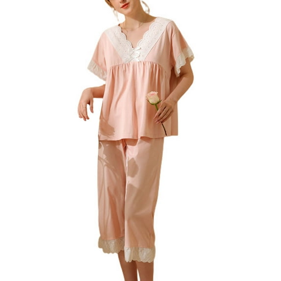 Defitshape Women's Cute Cotton Pajama Set Summer 2 Piece Scalloped V Neck Lace Sleeping Shirt Capri Pants Set Frilly Hem Soft Lightweight Comfy Sleepwear Pink X-Large