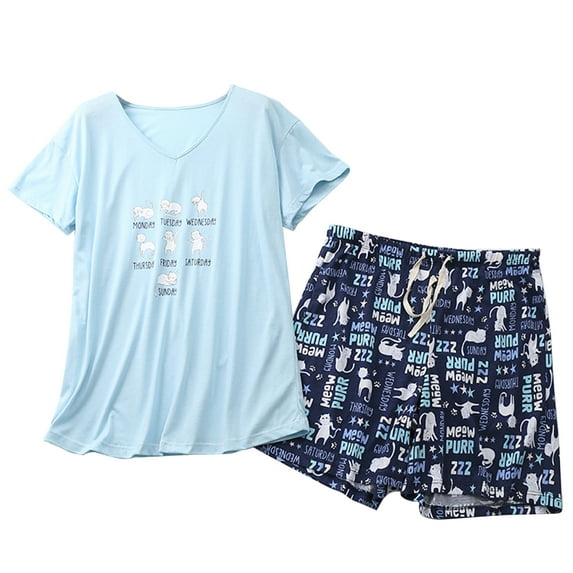Defitshape Women's Cute Graphic Pajamas Set Cotton Sleepwear Cartoon Short Sleeve Tee and Shorts Pj 2pcs Lounge Set Printed V Neck Blue Cat Small