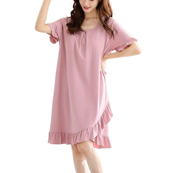 Defitshape Women's Cute Nightgown Cotton Pjs Short Sleeve Night Dress Sleep Knee Length Sleeping Soft Sleepwear Pink Medium