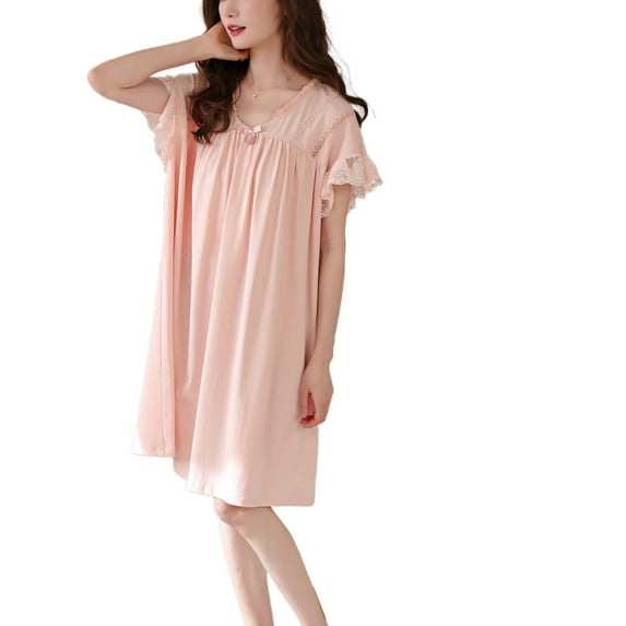 Defitshape Women's Cute Nightgown Soft Pjs Summer Comfy Lace Short Sleeve Spandex Lightweight Modal Cotton Sleepwear Knee Length Sleep Dress Loungewear Pink Small