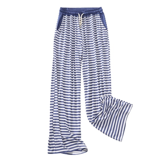 Defitshape Women's Cute Pajama Pants Comfy Striped Wide Leg Long Soft Modal Elastic Waist Drawstring Lounge Pants Sleepwear Blue Large