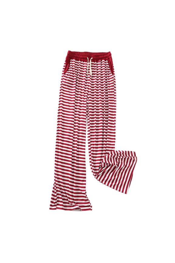 Women's Cute Pajama Pants Comfy Striped Wide Leg Long Soft Modal Elastic Waist Drawstring Lounge Pants Sleepwear Burgundy Large
