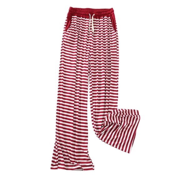 Defitshape Women's Cute Pajama Pants Comfy Striped Wide Leg Long Soft Modal Elastic Waist Drawstring Lounge Pants Sleepwear Burgundy Large