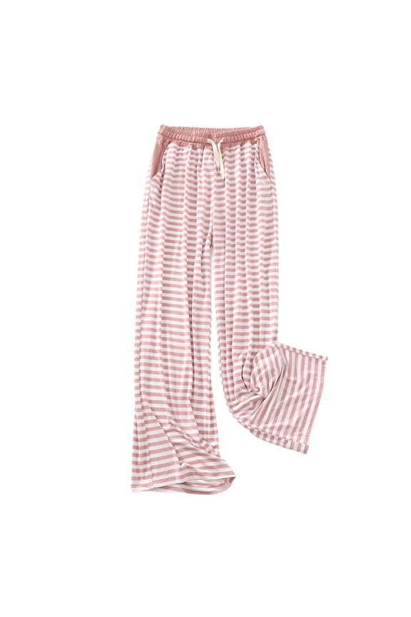 Women's Cute Pajama Pants Comfy Striped Wide Leg Long Soft Modal Elastic Waist Drawstring Lounge Pants Sleepwear Pink Small