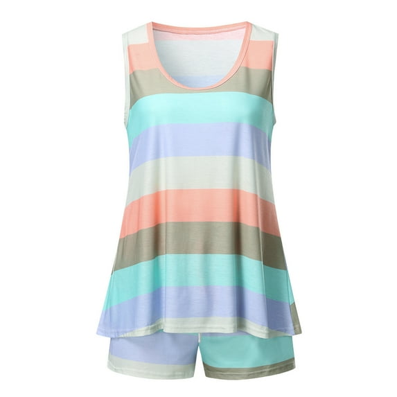 Defitshape Women's Cute Pajama Set 2 Piece Pjs Soft Sleepwear Shorts Patterned Comfy Ladies Loungewear Summer Fall Sleeveless Print Light Rainbow Nightwear Fitted Casual Purple 3X-Large