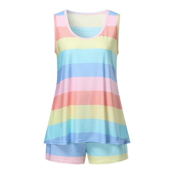 Defitshape Women's Cute Pajama Set 2 Piece Pjs Soft Sleepwear Shorts Patterned Comfy Ladies Loungewear Summer Fall Sleeveless Print Light Rainbow Nightwear Fitted Casual Pink X-Large