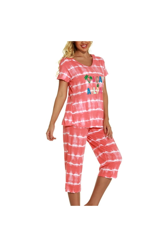 Women's Cute Pajama Set Cotton Capri Loungewear Soft Short Sleeve Pjs Comfy Pants Lounge Two Piece Patterned Print Sleepwear Orange Large
