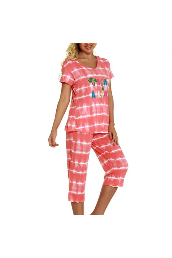 Women's Cute Pajama Set Cotton Capri Loungewear Soft Short Sleeve Pjs Comfy Pants Lounge Two Piece Patterned Print Sleepwear Orange X-Large