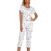 Defitshape Women's Cute Pajama Set Short Sleeve Pjs Pants Lounge Two Piece Patterned Print Sleepwear Cotton Capri Soft Lounge Nightwear White Medium