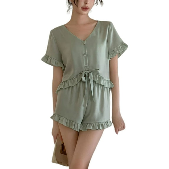 Defitshape Women's Cute Pajama Set Frilly Summer Pjs Short Sleeve Crop Top Shorts Set Soft Button Up Spring Comfy Ruffle 2 Piece Lounge Set Green X-Small