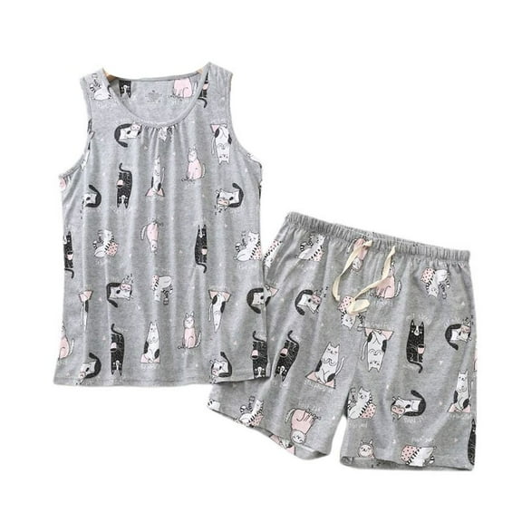 Defitshape Women's Cute Pajama Set Sleevelss Shorts Pi Sleep Cotton Loungewear Printed Elastic Comfy Band Loungewear Dark Grey XX-Large