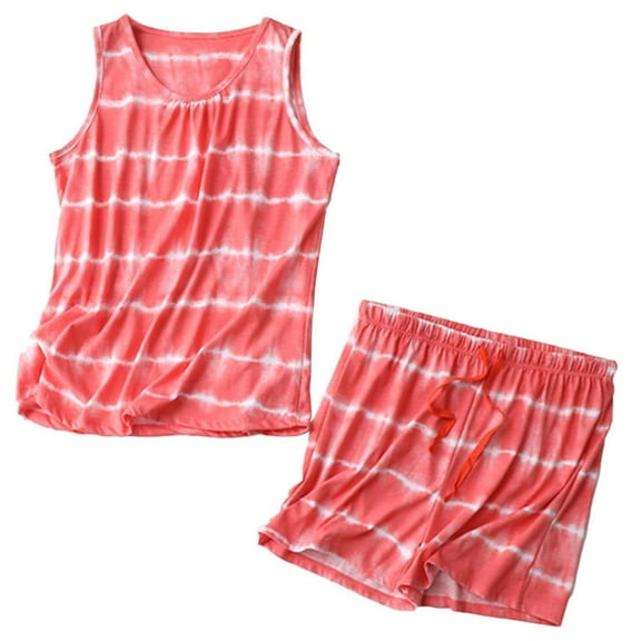 Defitshape Women's Cute Pajama Set Sleevelss Shorts Pi Sleep Cotton Loungewear Printed Elastic Comfy Band Loungewear Orange Medium