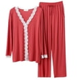thumbnail image 1 of Defitshape Women's Cute Pajama Set Soft Lace Long Sleeve Button Down Shirt Capri Pants Set Lightweight 2 Piece V Neck Pjs Sleepwear Pockets Vermillion Large-X-Large, 1 of 1