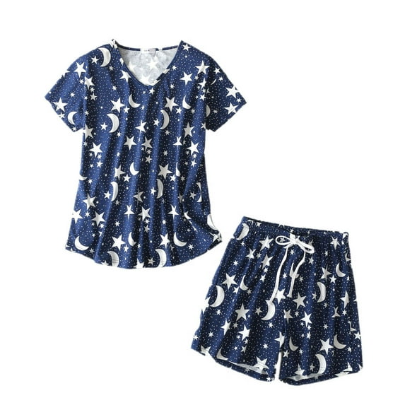 Defitshape Women's Cute Pajamas Cotton Pjs Soft Cartoon Short Summer Fall Drawstring Spring Lounge Pajama Set Style11 XX-Large
