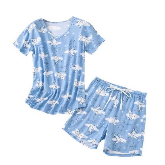 Defitshape Women's Cute Pajamas Cotton Pjs Soft Cartoon Short Summer Fall Drawstring Spring Lounge Pajama Set Style2 XX-Large