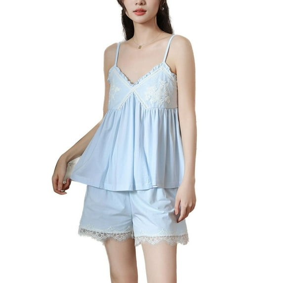 Defitshape Women's Cute Pajamas Set Cotton Vintage Victorian Pjs Soft Summer Sleepwear V-Neck Comfy 2 Piece Spring Lightweight Light Blue Small