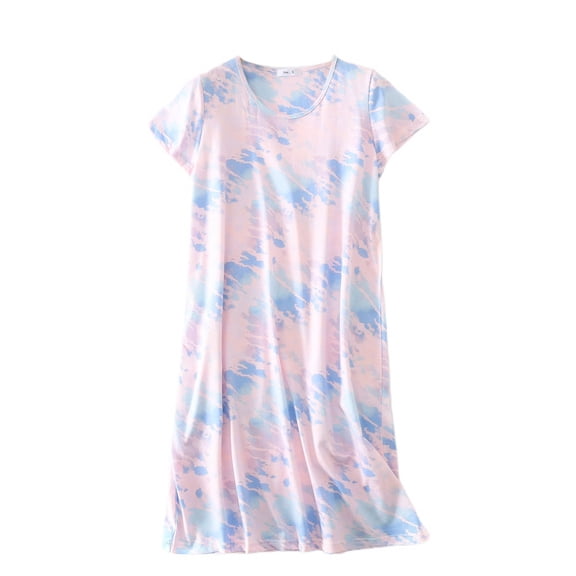 Defitshape Women's Cute Short Nightgown Soft Tie Dye Cotton Pajamas Shirt Pastel Lounging Midi Summer Spring Comfy Sleeping Pjs Pink X-Large