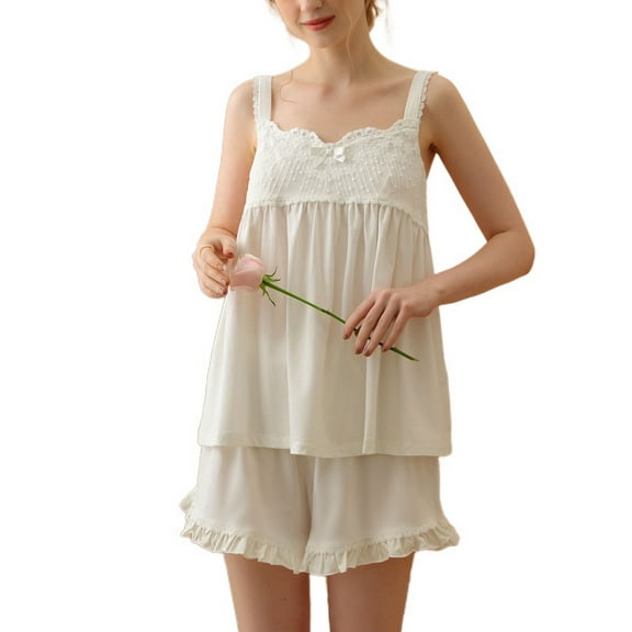 Defitshape Women's Cute Short Pajama Set Cotton Summer 2 Piece Soft Lace Patchwork Ruffle Sleeveless Sleeping Shirt Frilly Shorts Lounge Set Loungewear Comfy Sleepwear White Large