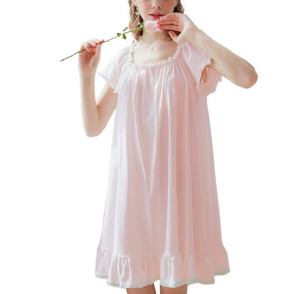 Defitshape Women's Cute Square Neck Pj Soft Short Sleeve Pajama Dress Cotton Victorian Nightgown Summer Frilly Ruffle Old Fashioned Short Sleep Shirt Vintage Pink Large