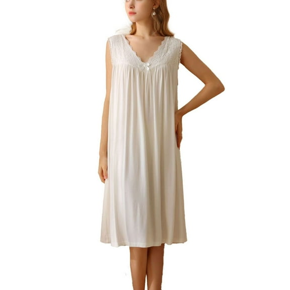 Defitshape Women's Cute Victorian Nightgown Modal Summer Sleepwear Sleeveless Sleep Dress Soft Lace Comfy Casual Lounge Knee Length V Neck Pajama Dress Loungewear White Large