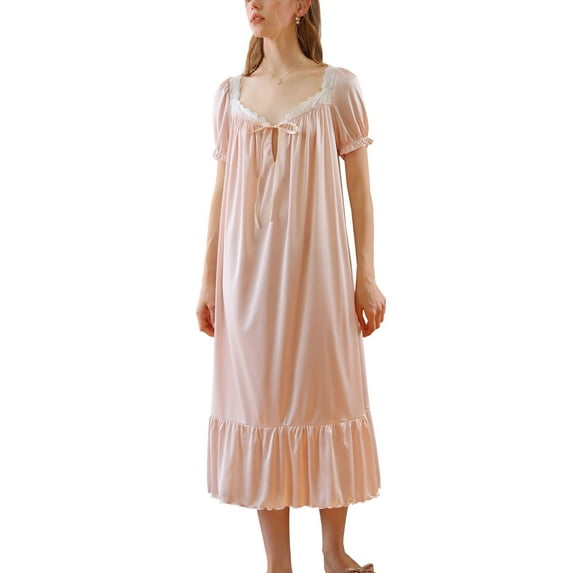 Defitshape Women's Cute Victorian Nightgown Princess Old Fashioned Vintage Soft Oversized Comfy Thin Sleeping Cool Mid Calf Pajamas Dress Night Gown Pink Large
