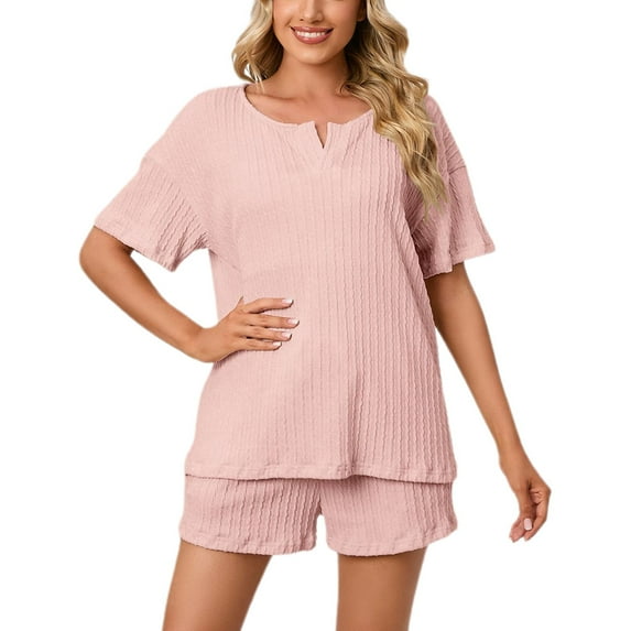 Defitshape Women's Cute Waffle Knit Pajama Set Soft Textured Pajama Shorts Set 2 Piece Short Sleeve Shirt Shorts Set Casual Comfy Lounge Set Summer Sleepwear Pink 4X-Large