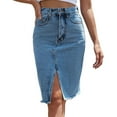 thumbnail image 1 of Defitshape Women's Denim Skirt High Waisted Fitted Summer Fashion Casual Button Spring Fall Vacation Midi Raw Hem Blue 12, 1 of 5