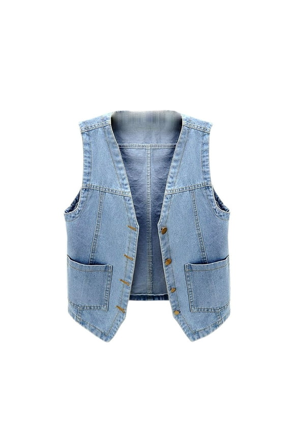 Women's Denim Vest V Neck Tank Top Soft Top Western Sleeveless Vintage Fashion Button Summer Pocket Jean Jacket Light Blue Large