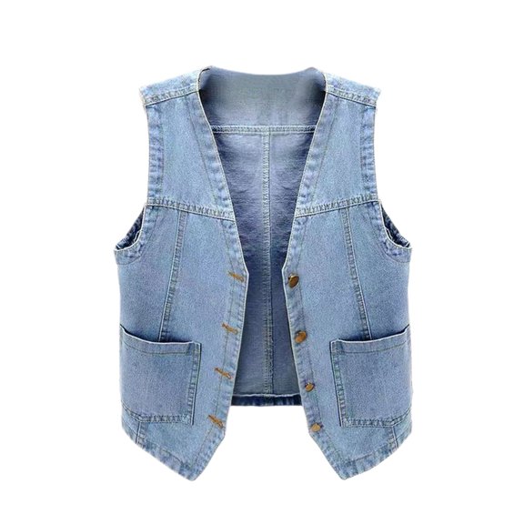 Defitshape Women's Denim Vest V Neck Tank Top Soft Top Western Sleeveless Vintage Fashion Button Summer Pocket Jean Jacket Light Blue Medium