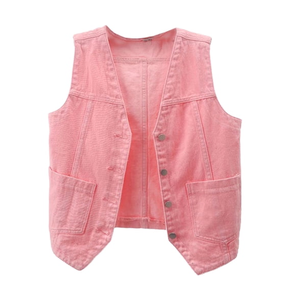 Defitshape Women's Denim Vest V Neck Tank Top Soft Top Western Sleeveless Vintage Fashion Button Summer Pocket Jean Jacket Pink Large