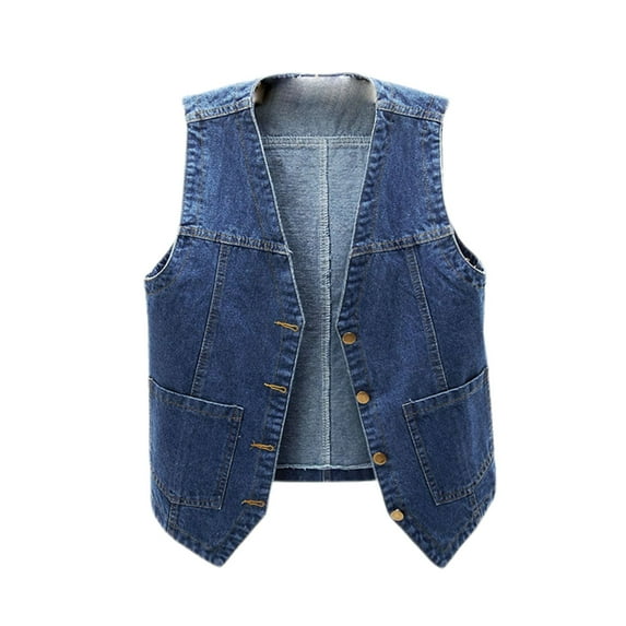 Defitshape Women's Denim Vest Western Short Fall Sleeveless Jean Jacket Button Up V Neck Cozy Travel Casual Tank Top Dark Blue X-Large