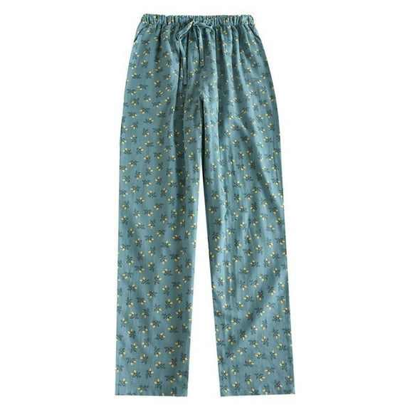 Defitshape Women's Drawstring Cotton Pajama Pants Full Cotton Pj Bottoms Loose Printed Peasant Home All Seasons Lounge Pants Blue Large