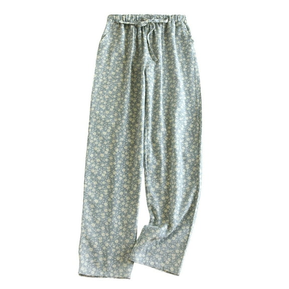 Defitshape Women's Drawstring Cotton Pajama Pants Full Cotton Pj Bottoms Loose Printed Peasant Home All Seasons Lounge Pants Light Blue Large