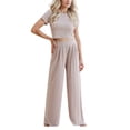 thumbnail image 1 of Defitshape Women's Fall 2 Piece Outfit Crop Top Short Sleeve Pant Set Wide Leg Summer Casual High Waist Spring Khaki Small, 1 of 4