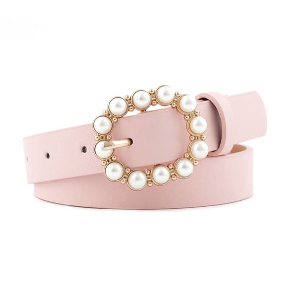 Defitshape Women's Faux Leather Belt Pearl Autumn Adjustable Belts All Seasons Belt For Dress Adorable Casual 2025 Bead Patent Pink X-Small-Large