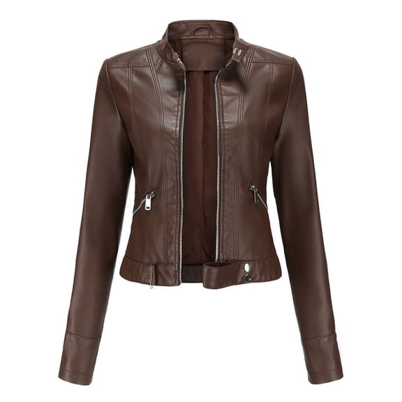 Defitshape Women's Faux Leather Jacket Winter Fashion Crop Moto Jackets & Coats Long Sleeve Fall Top Mock Neck Zipper Pocket Full Zip Short Jacket Coffee Large