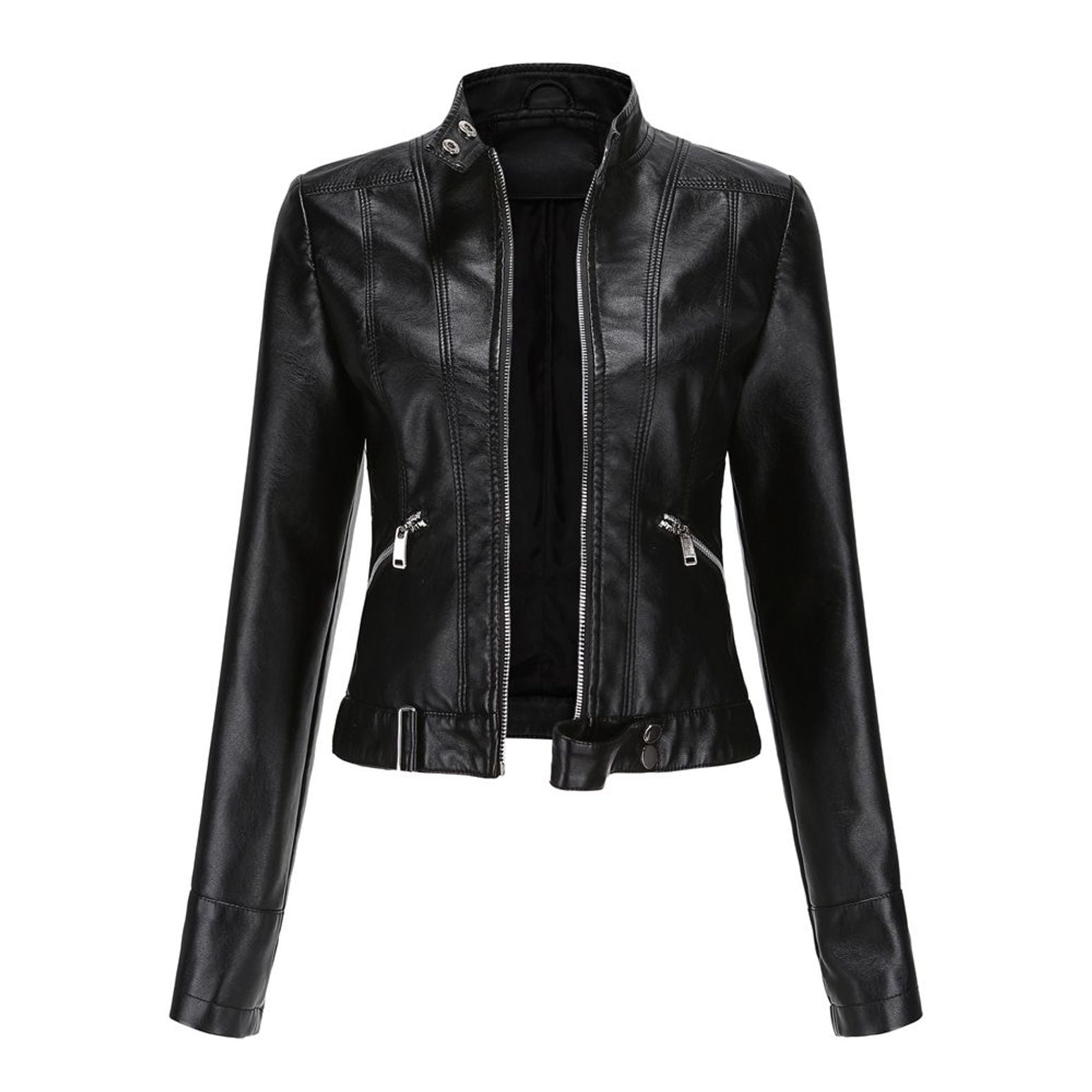 Defitshape Women's Faux Leather Jacket Winter Fashion Crop Moto Jackets & Coats Long Sleeve Fall Top Mock Neck Zipper Pocket Full Zip Short Jacket Black Small