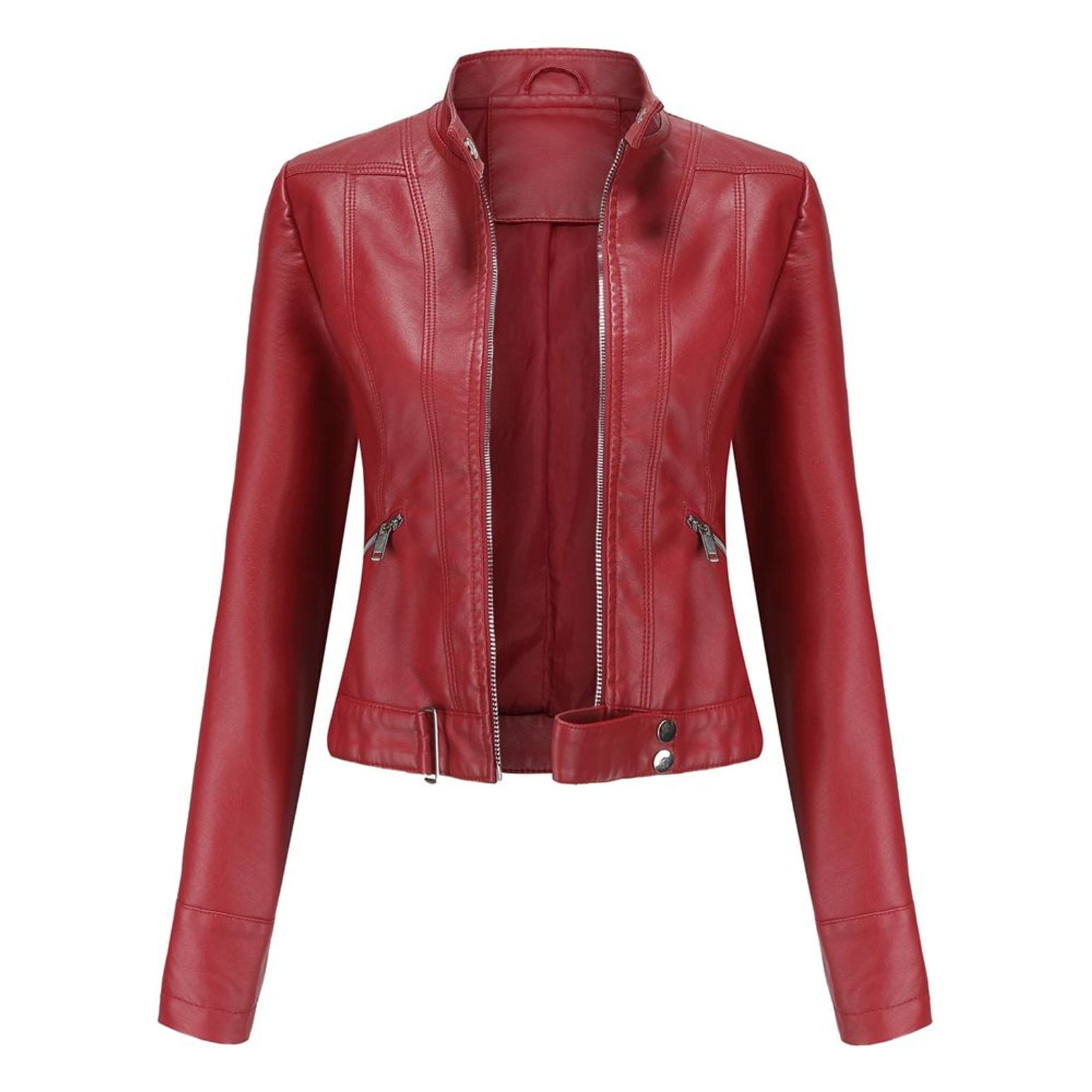 Defitshape Women's Faux Leather Jacket Winter Fashion Crop Moto Jackets & Coats Long Sleeve Fall Top Mock Neck Zipper Pocket Full Zip Short Jacket Burgundy Medium