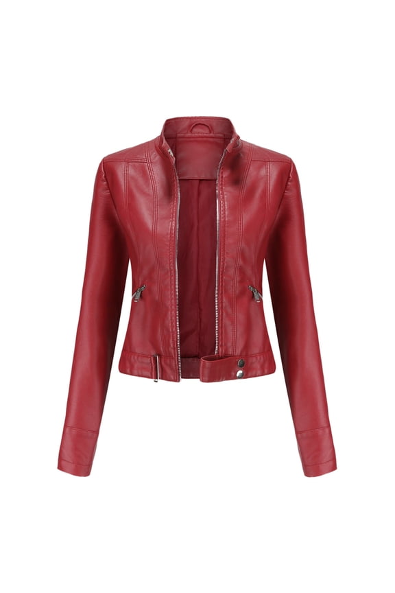 Women's Soft Faux Leather Jacket Coat Motorcycle Bike Long Sleeve Zip Up Zippered Moto Top Thermal Outerwear Burgundy XX-Large