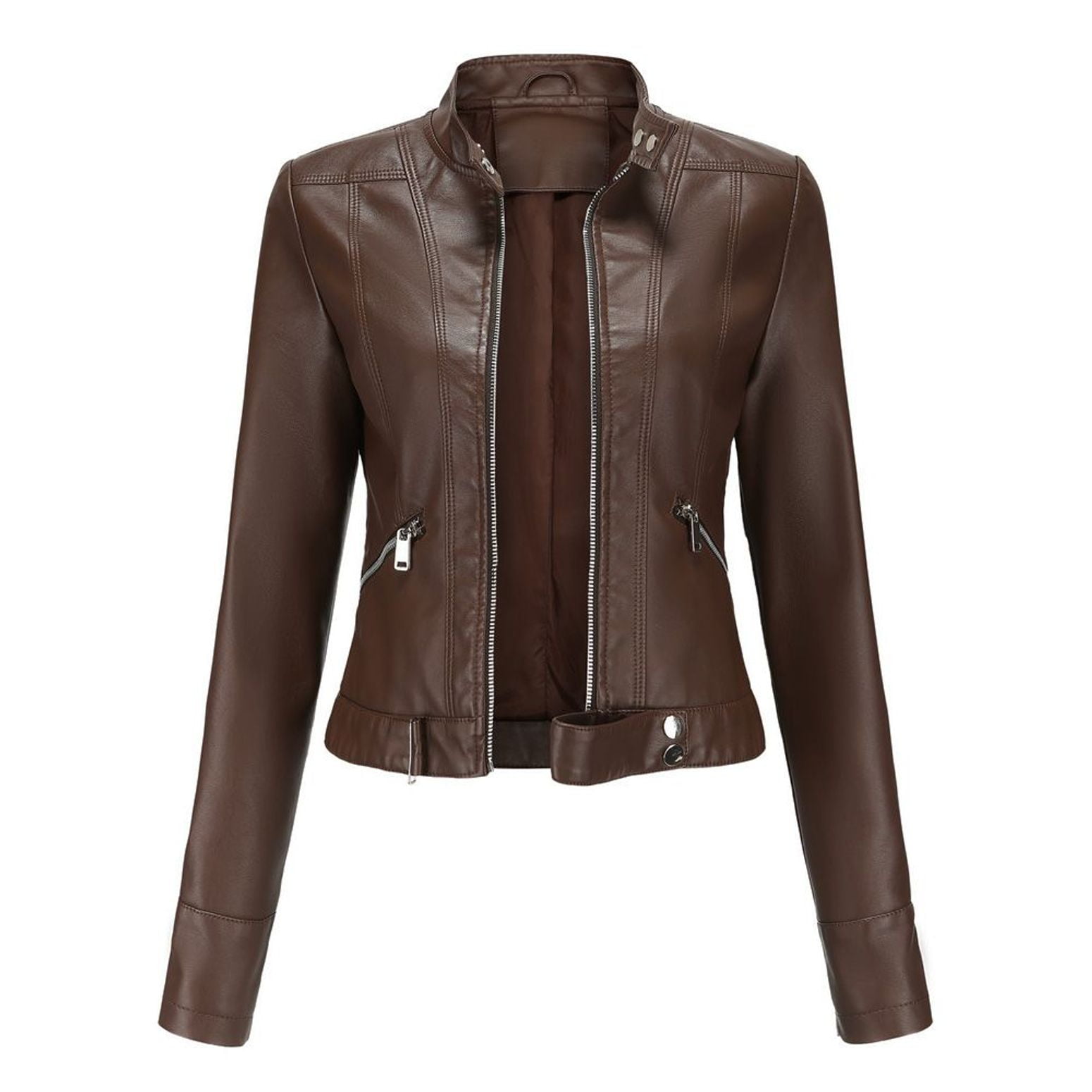 Defitshape Women's Faux Leather Jacket Winter Fashion Crop Moto Jackets & Coats Long Sleeve Fall Top Mock Neck Zipper Pocket Full Zip Short Jacket Coffee X-Large